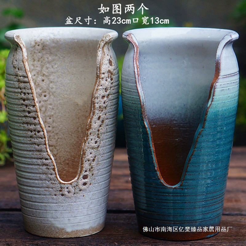 Керамический цветочный горшок для суккулентов ручной работы с высоким мастерством, дышащая грубая керамика из старого коряжного фиолетового песка с большой вырезанной скалой.