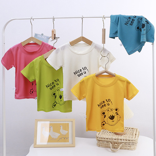 儿童短袖韩版夏季新款冰丝短袖单上衣卡通纯色中大童上衣宝宝半袖