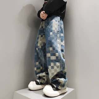 2025春季新款棋盘格子马赛克牛仔裤男提花宽松阔腿长裤跨境批发潮