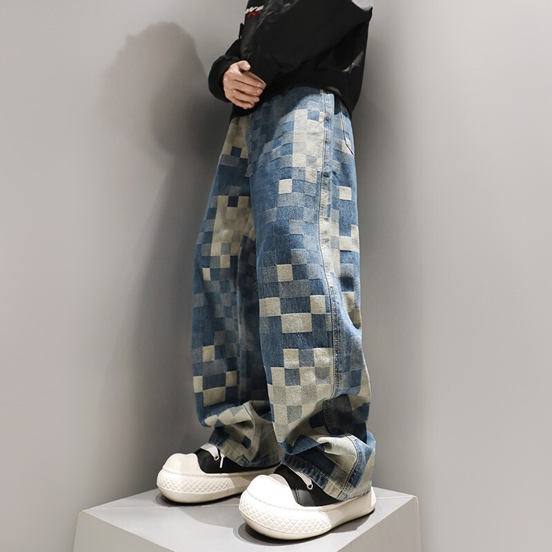 2025 Spring New Checkered Mosaic Denim Jeans Men's Jacquard Loose Wide-Leg Trousers Cross-Border Wholesale Trend