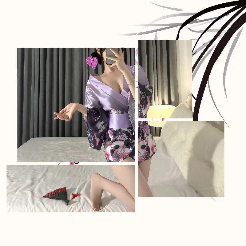 Japanese Kimono Cosplay Lingerie Set with Pink Robe and Body Stocking, Polyester, One Size — detail image 3
