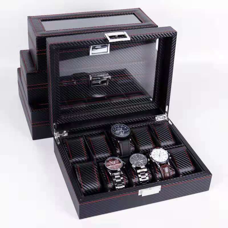 Factory supply carbon fiber PU leather 6 10 12 watch box jewelry packaging box wholesale