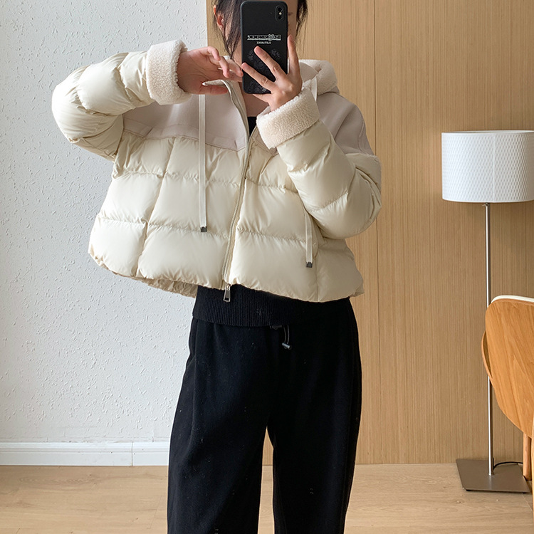 Giacca corta europea in piumino per donna stile corto cuciture colore a contrasto pelle PU leggera lusso alta qualità maglione largo 2024 nuovo inverno_voghion.com