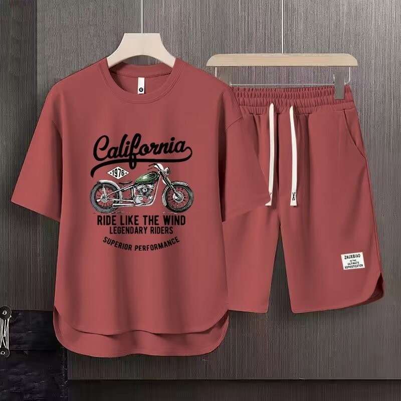 Men's Clothing 2024 Waffle Casual Summer Suit Men's Loose Teen Short sleeved T shirt Shorts Handsome Two piece Suit_desvips.com