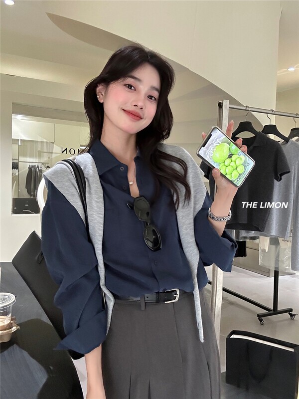 the limon柠檬绿茶秋季新款韩系简约设计感双口袋翻领长袖衬衫女|undefined