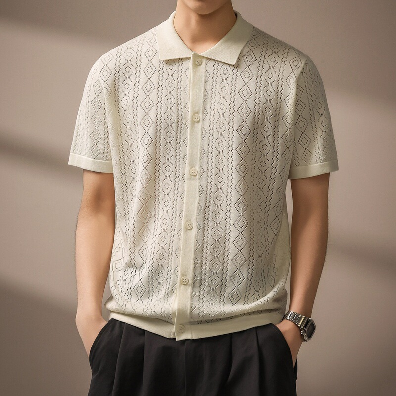 High-End Italian-Style Diamond-Patterned Hollow-Out Cardigan Short-Sleeve Polo Shirt for Men, New Summer Model, Cool Silk Turn-Down Collar Knitwear