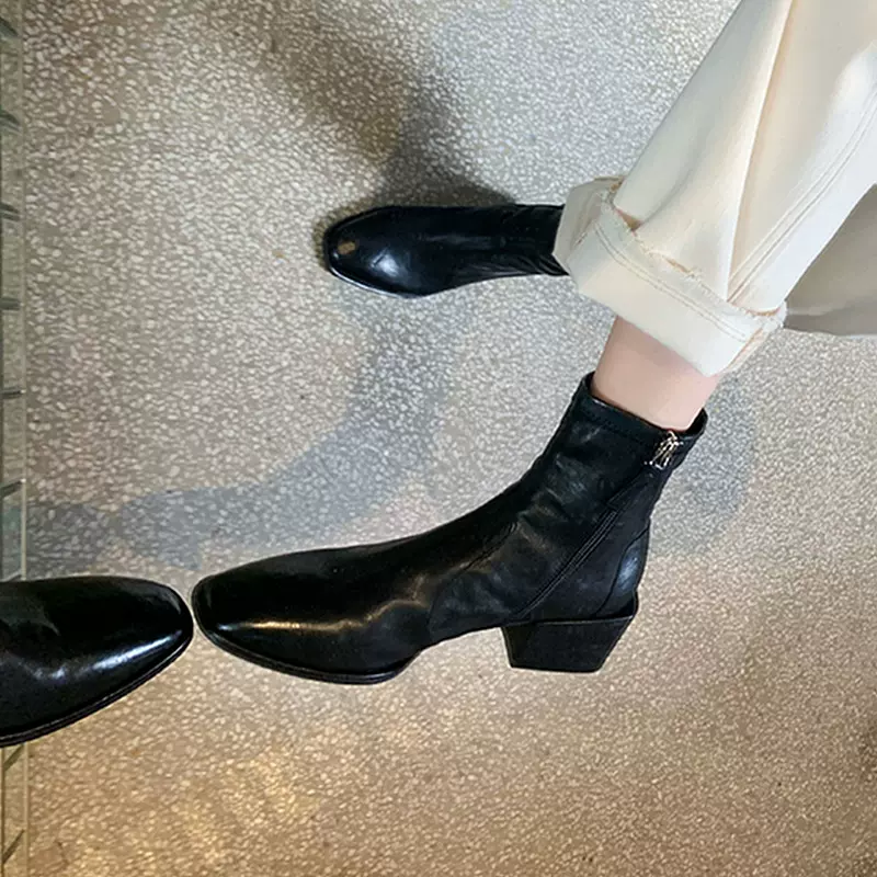 粗跟真皮高跟短靴女方头瘦瘦靴韩系小踝靴马丁堆堆靴