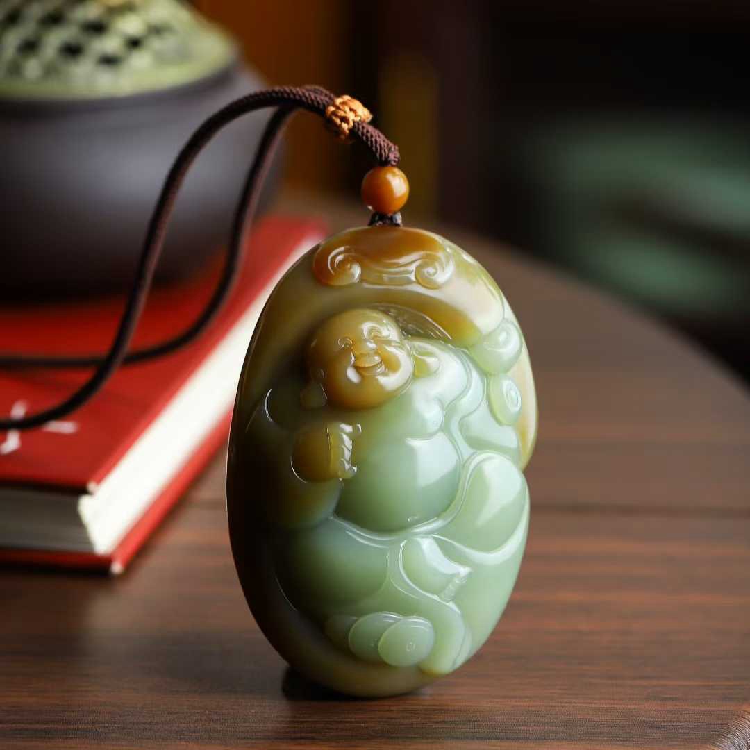 玉器工艺品天然新疆和田玉且末料老料俏糖色弥勒佛吊坠把件玉挂件