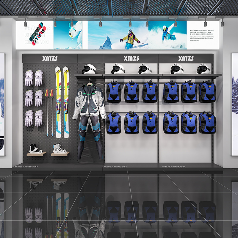 Tienda de nieve al aire libre de alto nivel, estante de exhibición de tienda de ropa, estante de exhibición retrógrado de doble capa móvil de tienda de ropa de hombre