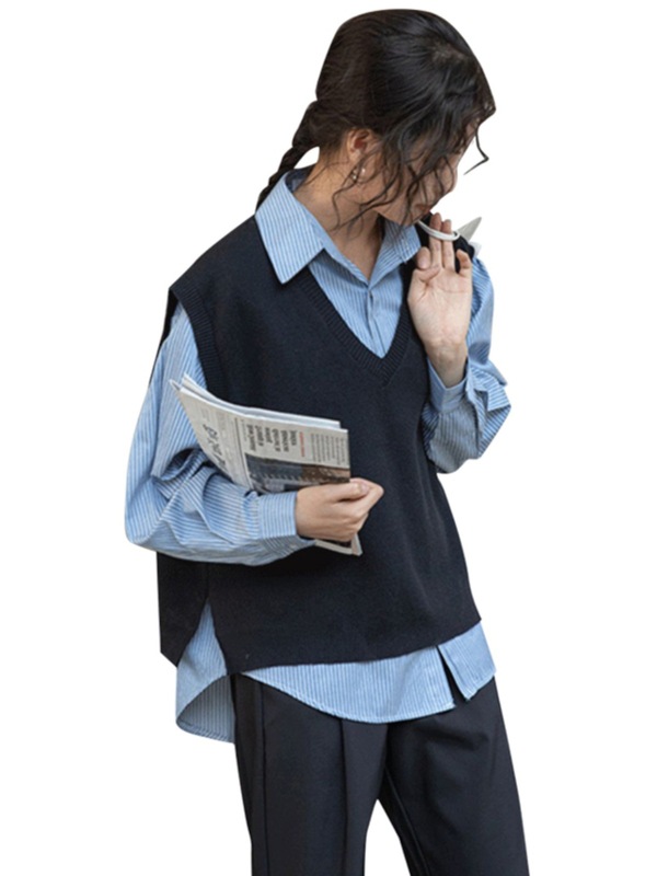 黑色针织背心马甲女春秋款2025新款坎肩毛衣叠穿搭配衬衫外穿马夹|undefined