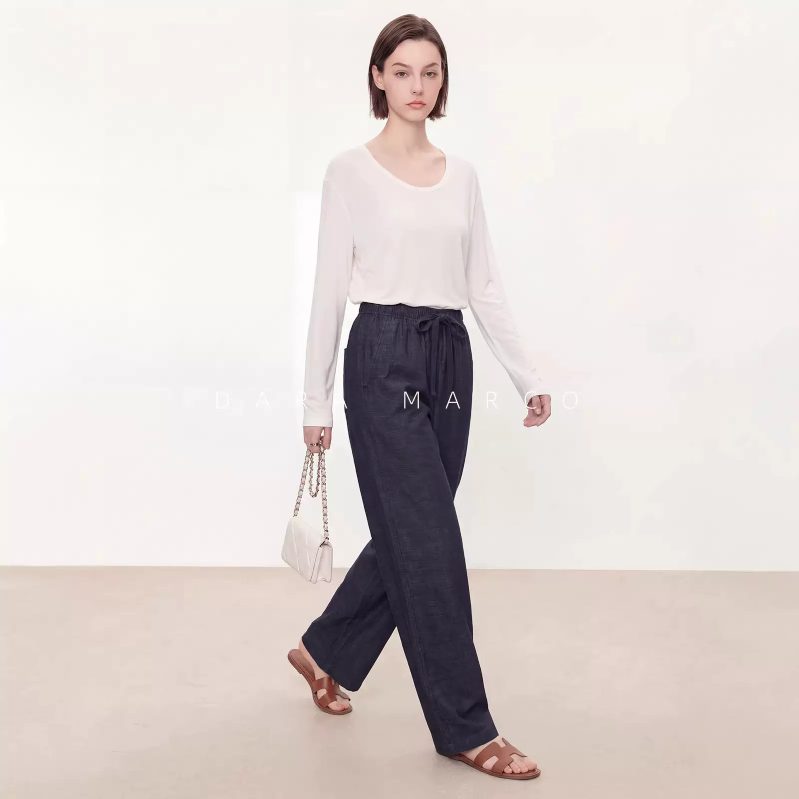 Row老钱风！汉麻混纺肌理松紧腰抽绳阔腿裤女透气装垂顺休闲裤女