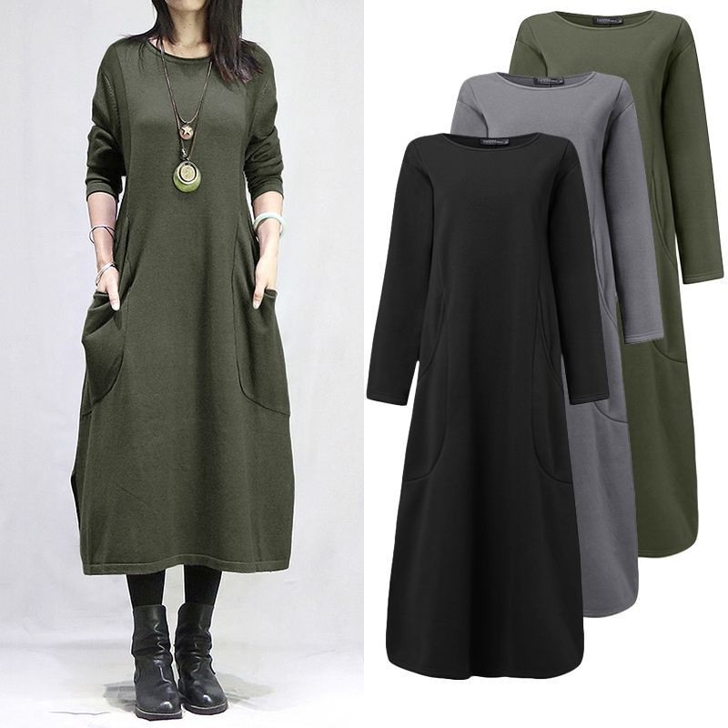 2025 Women's O-Neck Long Sleeve Sweatshirts Dress Fleece Casual Solid Color Loose Sundress Robe Autumn Winter
