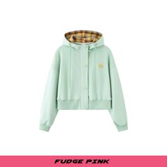 Fudge Pink 25秋季New甜美少女格纹拼接连帽卫衣外套