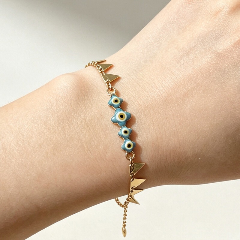 Cross-border subculture blue evil eye triangular gold-plated bracelet for women, ins light luxury versatile four-leaf clover eye bracelet Cross-border subculture blue evil eye triangular gold-plated bracelet for women, ins light luxury versatile four-leaf clover eye bracelet