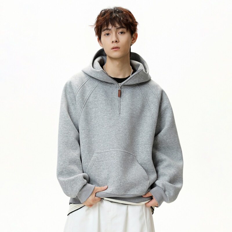Three-Dimensional Cut Half-Zip Hooded Sweatshirt for Men, New Autumn and Winter Style, Heavyweight Thickened Half-High Collar Raglan Sleeve Hoodie Jacket