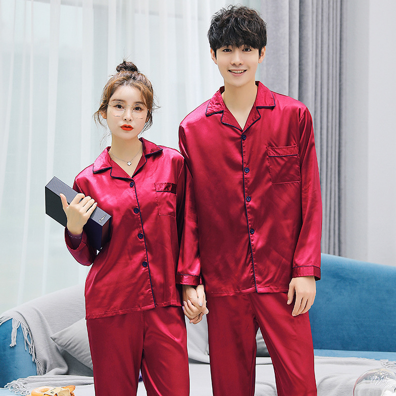 Directo de fábrica pareja pijamas de las mujeres primavera y otoño simple color sólido de seda de hielo de manga larga de seda artificial de los hombres desgaste del hogar traje