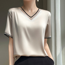 真丝缎面t恤女V领宽松遮肉短袖打底衫高级感西装内搭半袖上衣夏季