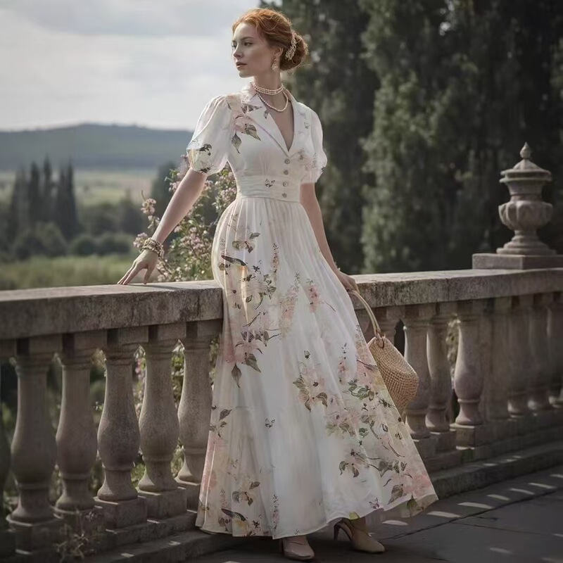 Spot 2025 European and American Cross-Border E-Commerce Amazon Independent Station Popular Palace Style Printed Dress New Long Skirt