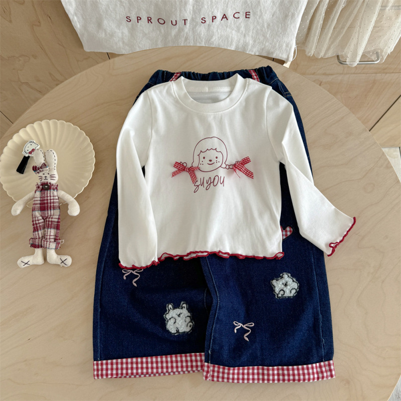 クリームガールズ子供服秋の新作子供韓国風リボンベビードールシャツボトリングシャツ+ジーンズ2点セット|undefined