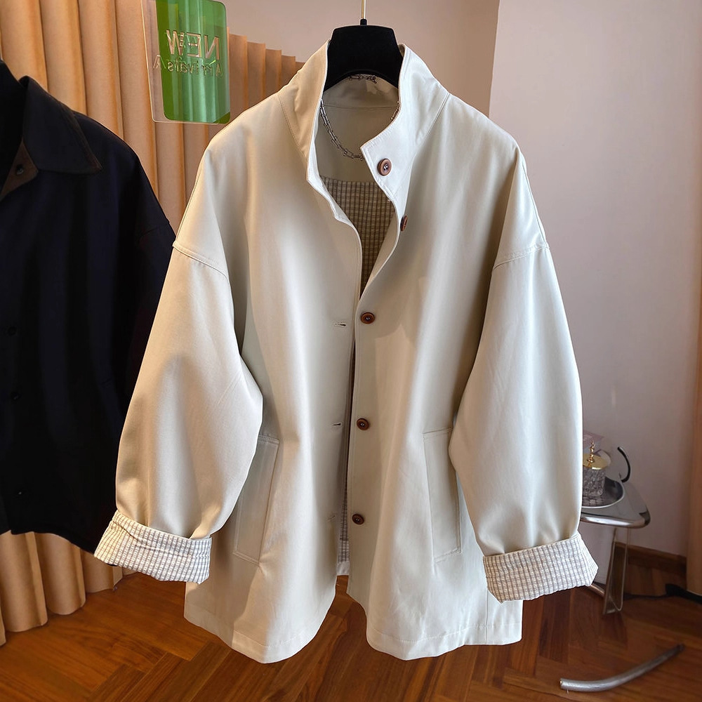 Korean Style Stand Collar Windbreaker Jacket for Women Spring & Fall 2025 New Loose Casual Plaid Lining Super Popular Mid-Length Coat
