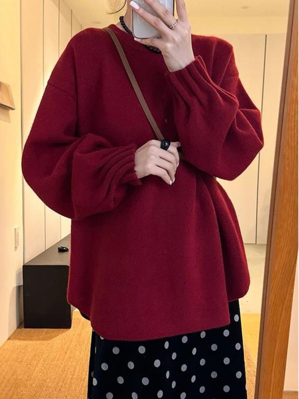 韩系设计感毛衣女新款灯笼袖圆领套头宽松慵懒中长款秋冬针织衫潮|undefined