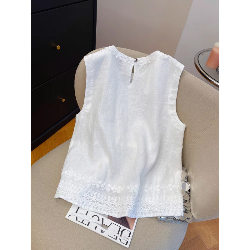 黄色のレース刺繍リネンノースリーブベスト女性のための 2025 夏ルーズラウンドネック気質コットンとリネンの女性のトップ|undefined