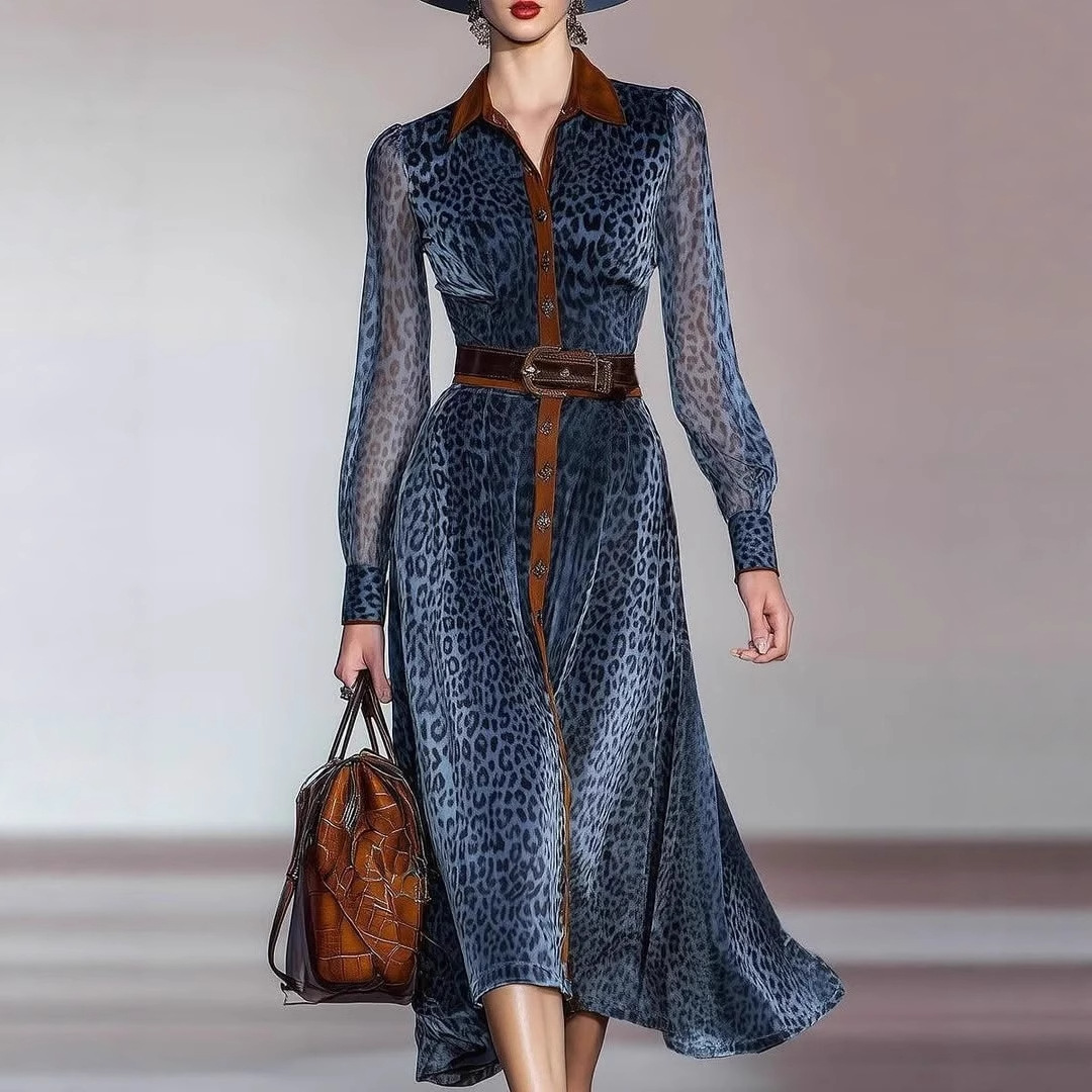 2025 European and American Clothing Amazon Mesh Digital Printing Shirt Collar Cardigan Belt Dress Long Skirt