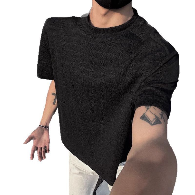 Solid Color Short Breathable Texture Blended High-grade Basic Jacquard T-shirt Men's Summer Slim-fit All-match Round Neck Half-sleeve