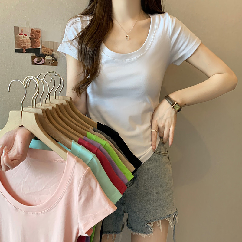 2025 Short-Sleeve T-Shirt for Women, Slim Fit, Summer, Macaron Color Scheme, Clavicle-Revealing, Trendy, Pure Desire, Spicy Girl Short Top for Women