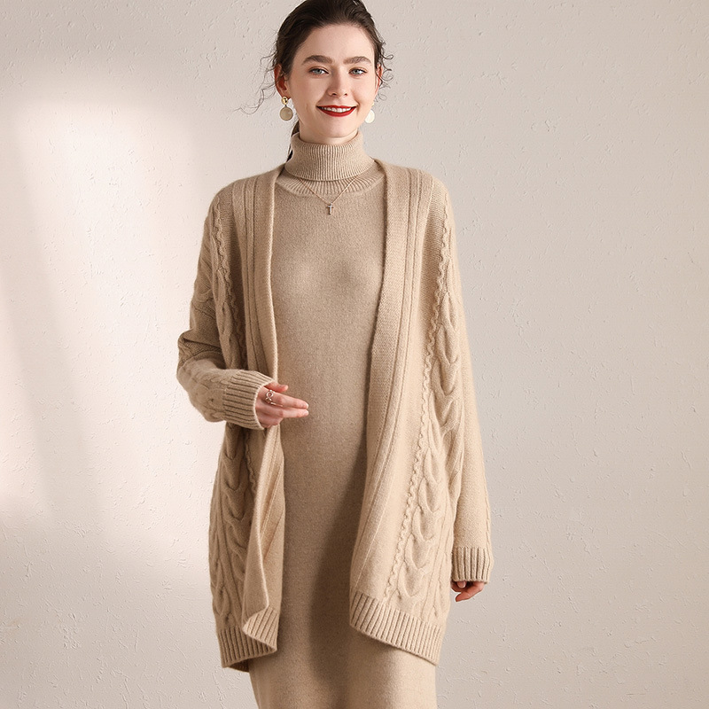 秋冬輕奢加厚純羊絨衫女百搭中長款開衫外套氣質休閑披肩純色外穿