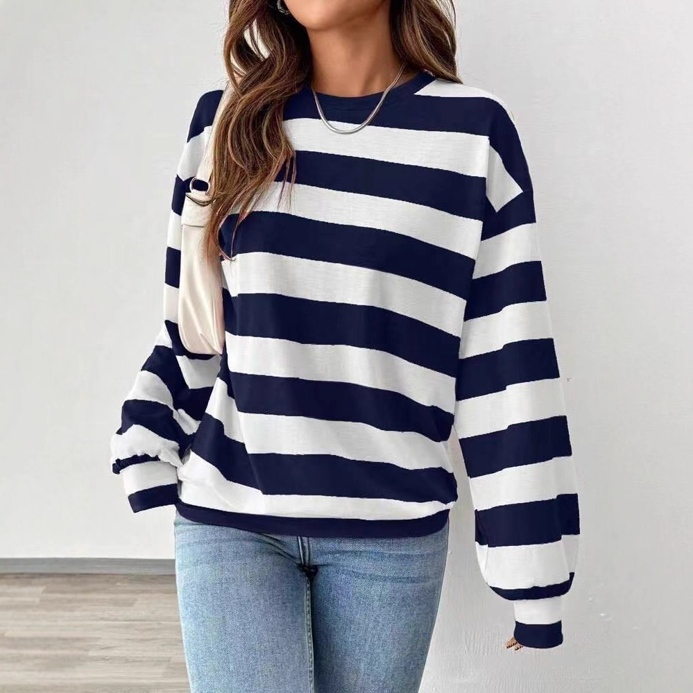 's New Cross-border Loose Striped Long-sleeve T-shirt For Women, Korean Style Versatile Top_ecoleips.com