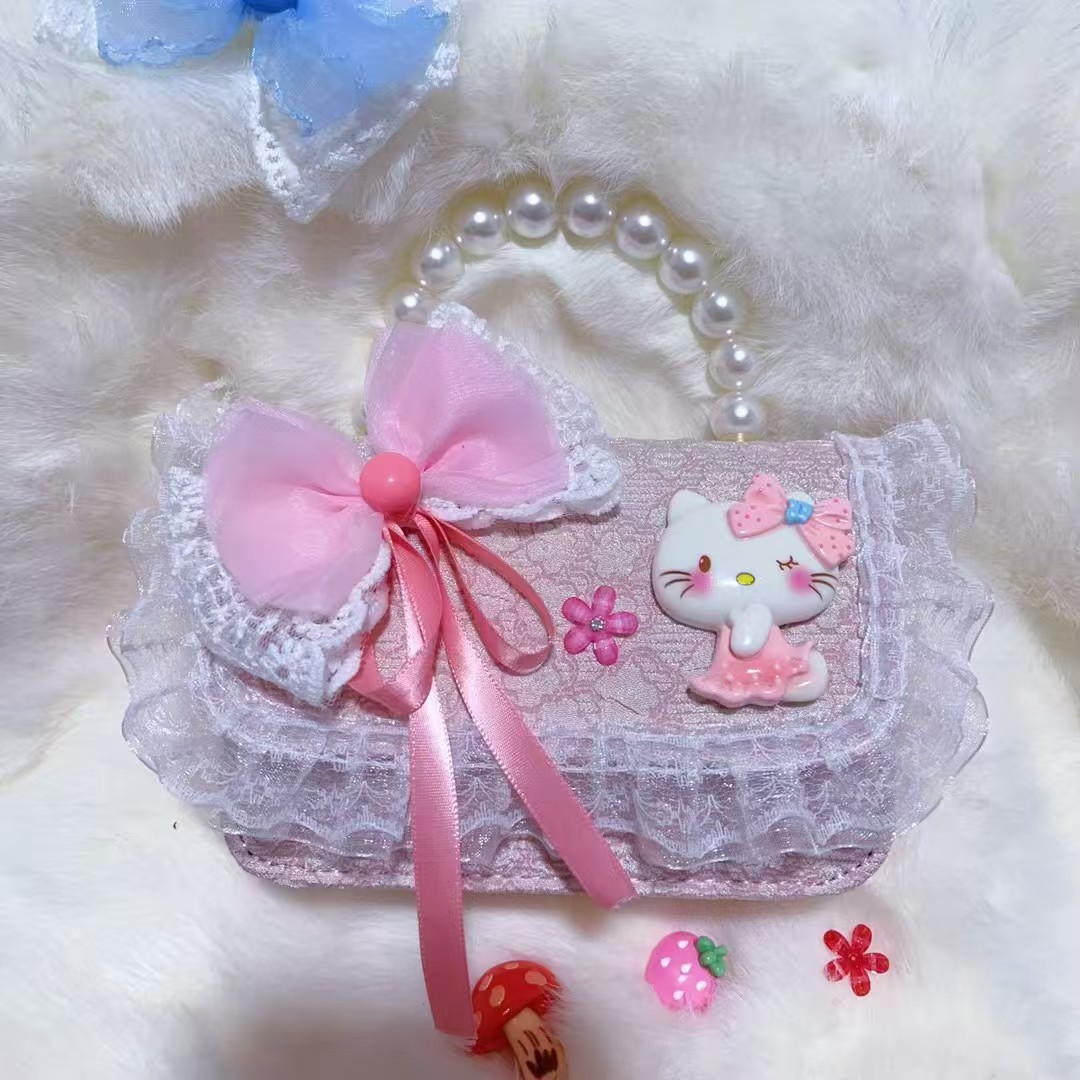 Bolso de perlas, bolso de arco, bolso de princesa Melody, bolso de Año Nuevo, bolso de hombro cuadrado de cadena de niña roja