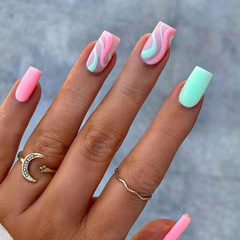 Minimalist wave pattern fresh pink and green mandarin duck color dopamine nail art cute solid color false nails set wearable nails wholesale