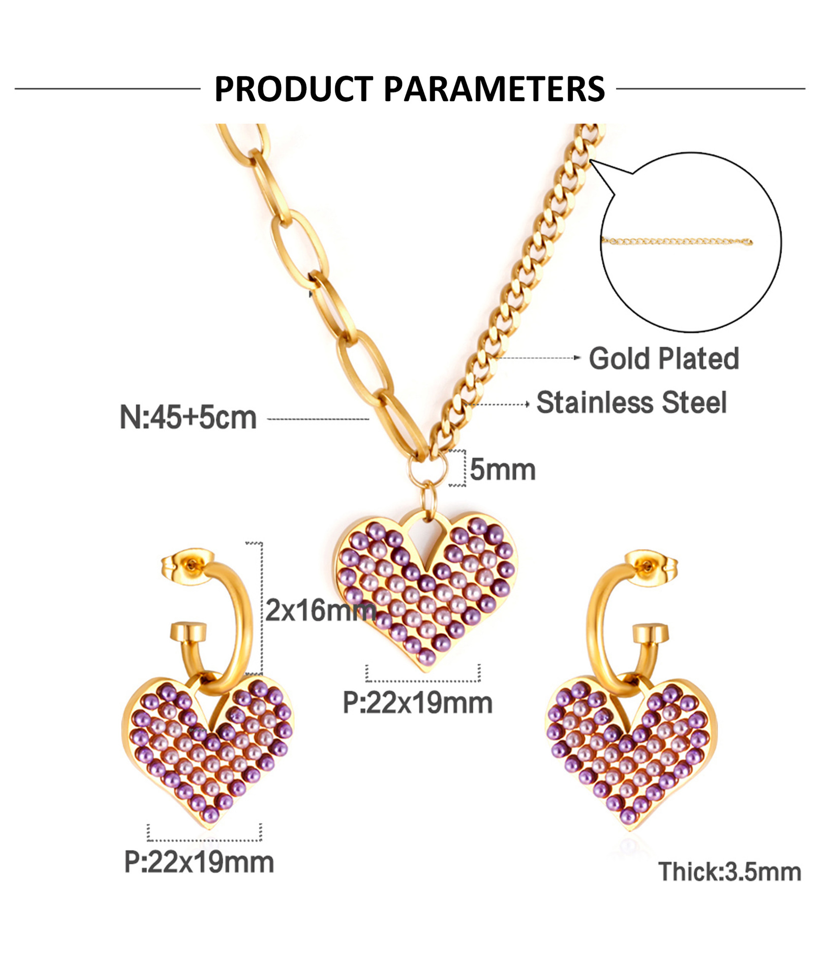 Fashion Oval Heart Shape Stainless Steel Earrings Necklace 1 Set