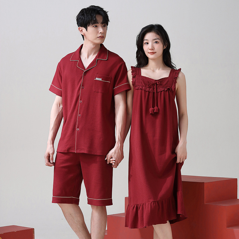 Red Wedding Pajamas Couple Summer Pure Cotton Sling Nightgown Women's Sweet Bow Newlywed Home Clothes Men's Suit