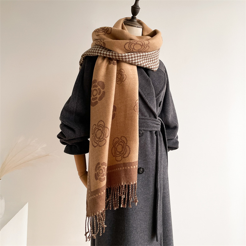 Herbst und Winter neue Tasche Damen Kerngarn Kamelie Tausend Vogelgitter doppelseitig warm Schal vielseitig dekorative Kaschmirschal_voghion.com
