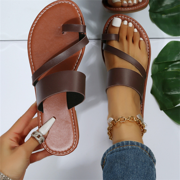 Flat Slippers For Women 2023 Spring New Solid Color Round Toe Slip-On Outdoor Casual Large Size Sandals_vogvips.com