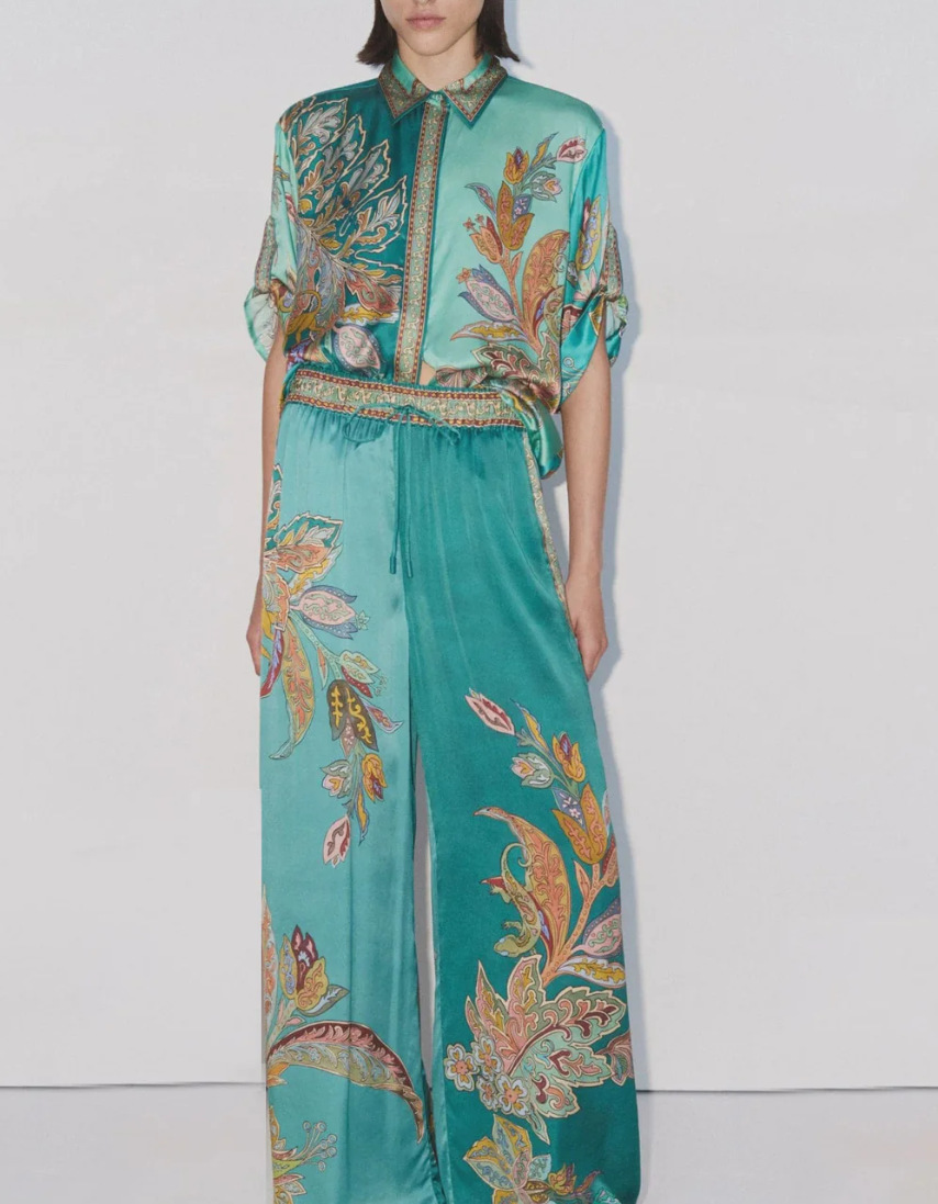 Retro Printed Satin Short Sleeve Collared Shirt Trousers Casual Suit