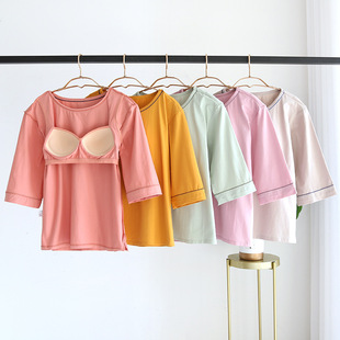 Ice Porcelain Cotton New Ladies Summer with Chest Pad Seven-point Sleeve T-Shirt Loose Casual Solid Color Home Clothes Top Wholesale