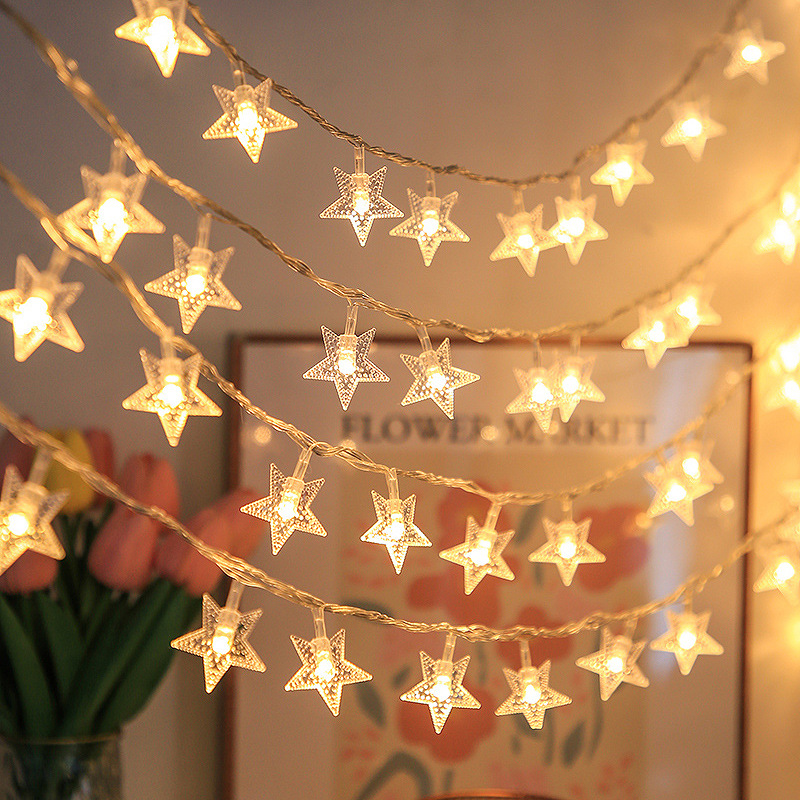 Luces LED de cadena con forma de estrella de cinco puntas, luces para exteriores, tienda de campaña, luces de ambiente, decoración navideña para patio, luces de cadena con forma de estrella