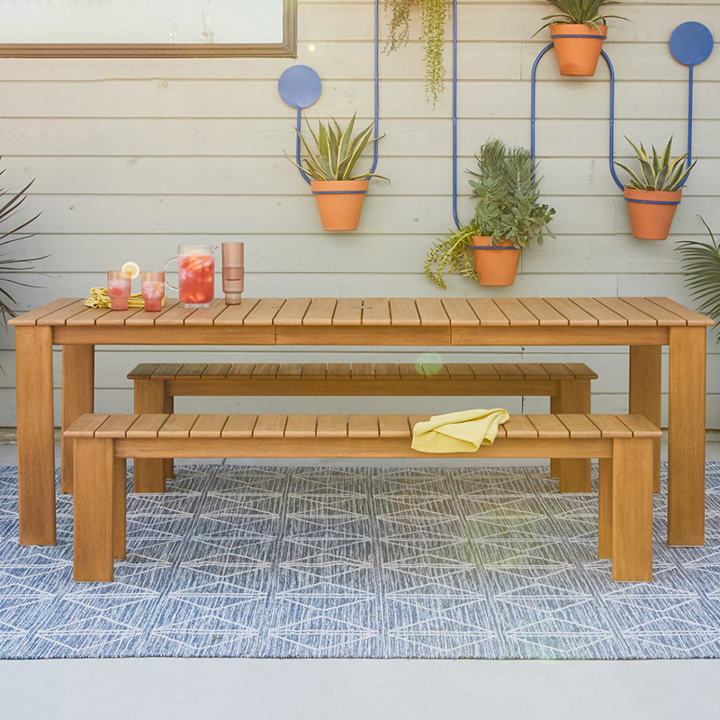 Mesas y sillas para exteriores, jardín con patio, conjunto de muebles de ratán impermeables y resistentes al sol, terraza de villa, banco largo de madera maciza.
