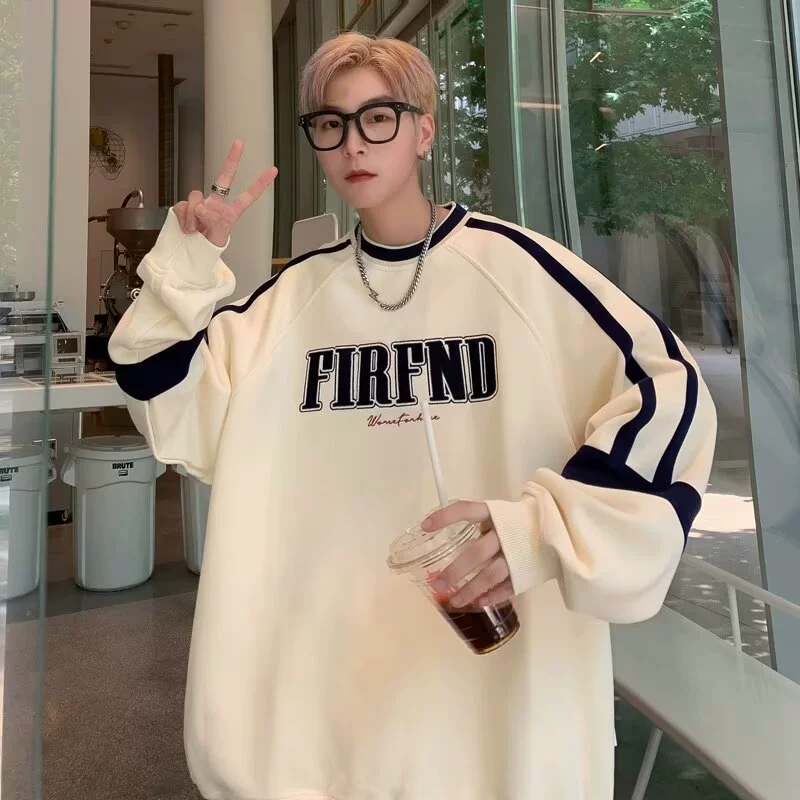 Японский свиток с круглым вырезом мужской тренд уличный свободный плечо с длинными рукавами ретро-кампус пуловеры топ