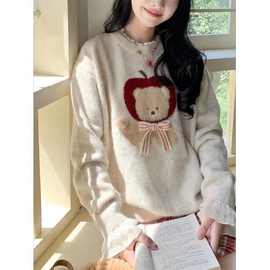 2025年早秋新款小个子奶系穿搭杏色小熊针织衫毛衣女宽松圆领上衣