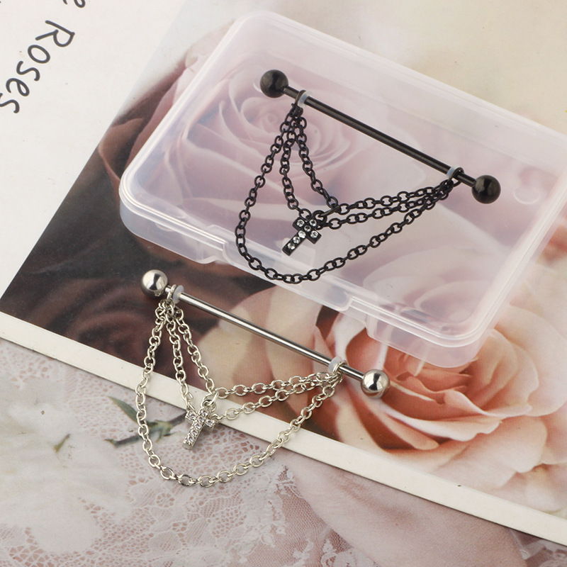 14G Star Zircon Industrial Barbell Earring - Stainless Steel Black Skull Long Earring for Cartilage Piercing detail image 14