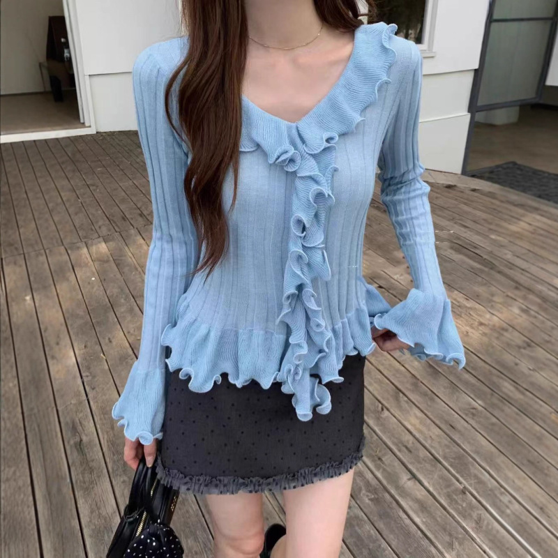 纯欲辣妹风长袖针织衫女早秋新款荷叶边V领修身显瘦别致短款上衣|undefined