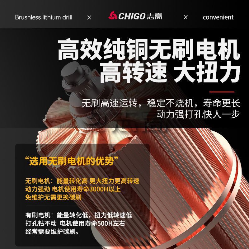 志高无刷电钻家用手钻充电式工具锂电多功能冲击手枪钻电动螺丝刀