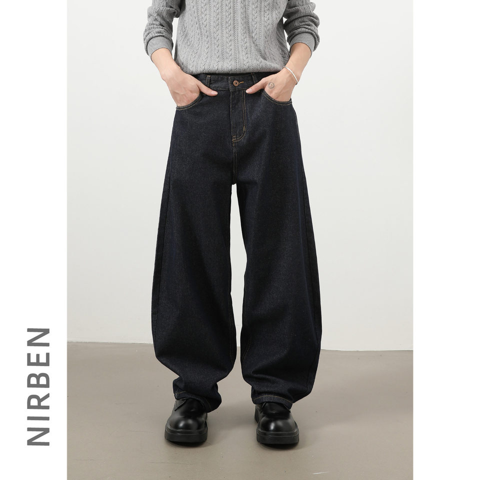 Quần jeans nam ống rộng dáng suông phong cách Mỹ, jean bò nguyên bản, lưng giữa, túi khóa kéo — Denim đen, Trắng, lâu, màu xanh