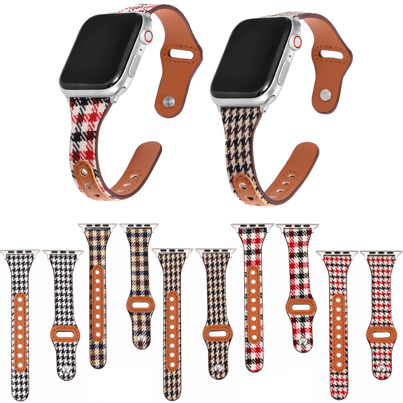 For Apple Watch iwatch65432 Generation se Small Man Waist True Cow Leather Strap Houndstooth Canvas Watch Strap