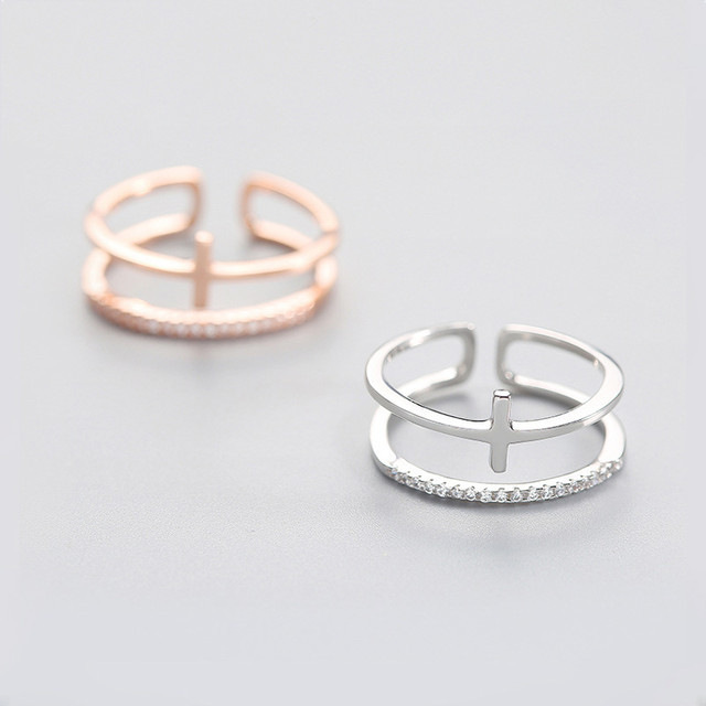 Korean new double -layer cross opening rings Female diamond tide can…