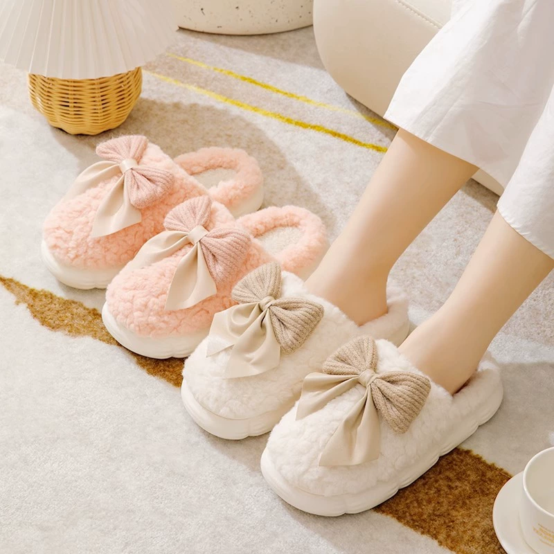 Home cute women's slippers with bow platform, insulated keep warm comfortable footwear for pregnant, women's style